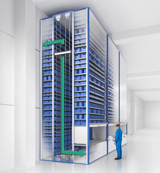 Choosing the Right Vertical Storage Solution AS/RS and you image shows an Lean-Lift (VLM) vertical lift module